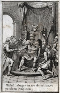 Korunovace Michaela II. Amoriana (Begue) (770-829) byzantským císařem po jeho propuštění z vězení v roce 820. Je zakladatelem amorské dynastie. Rytina v „Beaute de l