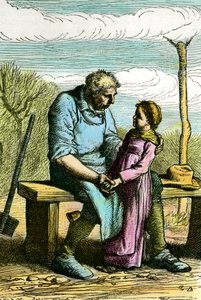 Cosette a Jean Valjeanovi. Ilustrace k románu „Les mizerables“ od Victora Huga (1802-1885) Rytina z roku 1865 Soukromá sbírka od Unknown artist