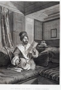 Kostýmy a portréty: Seyd Moustafa Pasha zraněný v bitvě u Abouqyr (Aboukir) v „“Popis Egypta“, Imperial Publishing od Unknown artist