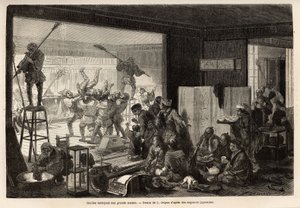 Coulies (sluhové) uklízí velký dům, kvůli novoročním přípravám končí tento menage radostnými a groteskními projevy: odstraněním toho, kdo svůj úkol neplnil. Rytina pro ilustraci plavby do Japonska, od Aime Humbert, ministr od Unknown artist