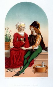 Zdvořilá milostná scéna ve středověku. Vysoká škola - imitace 19. století. od Unknown artist