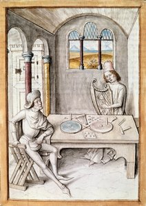Řemesla: harfa faktor. Dílna na výrobu nástrojů. Miniatura z rukopisu „Bajky Bidpai“ od Unknown artist