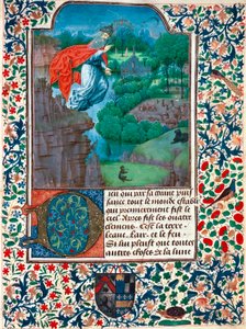 Stvoření, sedmý den: Stvořitel letí nad svým dílem. Krajina se zvířaty. Miniatura z Knihy hodin hraběnky z Bretiandos od Unknown artist