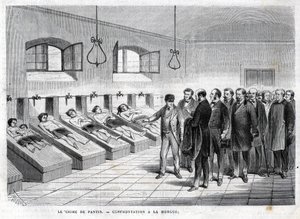 Pantinův zločin v říjnu 1869. Konfrontace v márnici. rytina z roku 1869 od Unknown artist