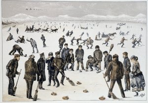 Curling na zamrzlém jezeře poblíž Halifaxu v Novém Skotsku – v „Náčrtech kanadských sportů a zábav“ od Lieuta. Henry Buckton Laurence od Unknown artist
