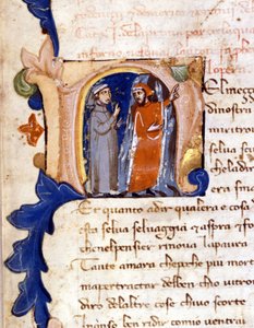Dante a Virgil u vchodu do pekla. (lettrine "" N "") Incipit of Hell of a Divina Commedia (Božská komedie) Milán 14. století, Trivulzian knihovna. (Uprostřed cesty našeho života...) od Unknown artist