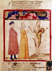 Dante a Virgil potkají duši hříšníka odsouzeného k sežrání drakem. Osvětlená stránka ilustrující píseň Pekla čerpá z „Divina Commedia“ od Dante Alighieriho (1265-1321). 14. století, Benátky, Biblioteca Marciana od Unknown artist