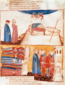 Dante a Virgil potkají duše násilně mrtvých lidí. Osvětlená stránka ilustrující píseň Antipurgatory z „Divina Commedia““ od Dante Alighieriho (1265-1321). 14. století, Benátky, Biblioteca Marciana od Unknown artist