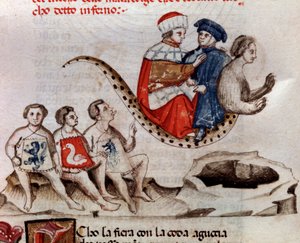 Dante a Virgil jedou na Geryonových zádech (píseň 17 z pekla, v Božské komedii) - miniatura 15. století od Unknown artist