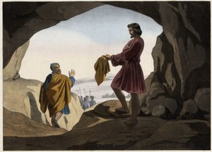 David ukázal Saulovi kus svého pláště: David odmítl zabít krále Saula, kterého Bůh vysvobodil do jeskyně, a uřízl mu jen kousek pláště. Anonymní rytina z poloviny 19. století. od Unknown artist