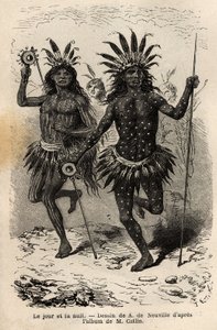 Ve dne v noci malby na těle tanečnic náboženského obřadu a usmíření, které prováděli náčelníci a jeho společníci, mezi indiány Mandans (neboli noumah ka kie: bažanti), na levém břehu Missouri. Rytina pro ilustraci exkursu od Unknown artist