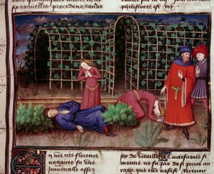 Smrt Dva lidé zabití smrtí. Miniatura z „“Le Decameron““ od Jeana Boccace (Giovanni Boccaccio) (1313-1375) 1450 Paříž, knihovna Arsenalu od Unknown artist