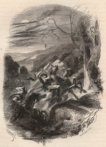 Smrt Indutiomara (Induziomaro), náčelníka Trevirů, zabitého římskou armádou v roce 53 př. Kr. Rytina z roku 1868 v „Histoire de Belgique od primitivních dob do konce vlády Leopolda I.““ od Theodora Justeho (1818-1888). Soukromá sbírka. od Unknown artist