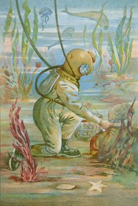 Deep Sea Diver, cca 1890 (barevné lito) od Unknown artist