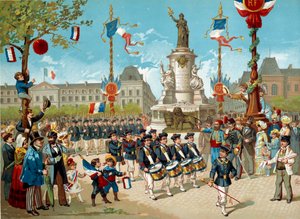 Poskvrňte děti školních praporů na Place de la Republique 14.7.1883 v Paříži. Litografie Paříže 19. století, Musee Carnavalet od Unknown artist