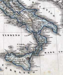 Detail geografické mapy představující jižní Itálii (regiony Kampánie, Kalábrie, Sicílie, Puglia, Molise Abruzzo). 19. století od Unknown artist
