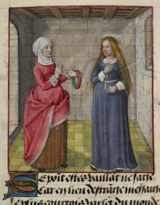 Yksityiskohta pienoiskoosta la Vieillestä (Duenna) ja Bel Accueilista (Fair Welcome), Le Roman de la Rosesta od Unknown artist