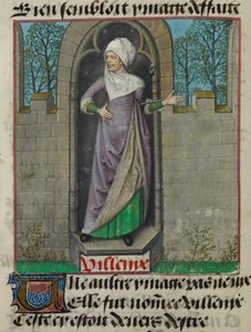 Detail miniatury alegorické postavy Vilenie (Villainy), ve druhém sloupci folia, z „Le Roman de la Rose“ od Unknown artist