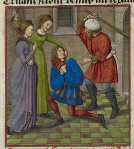Yksityiskohta pienoiskoosta, jossa Honte, Peur ja Danger hyökkäävät rakastajaan, elokuvasta "Le Roman de la Rose" od Unknown artist