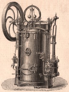 Detailní technický pohled na malý parní stroj vyrobený v Paříži v roce 1866: kotel, válec, píst, ojnice a setrvačník od Unknown