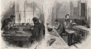 Řezání diamantů v dílně v Nizozemsku: štípačky a leštičky - Gravírování v “” Le Monde Illustré”” od Unknown artist