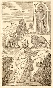 Obtížnost je pozadu, strach je předtím z The Pilgrims Progress From This World, To That Who Is To Come John Bunyan (1628-1688) Christian prochází mezi lvy, když se na něj vrátný dívá pozorný od Unknown