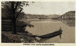 Večeře, výhled na Anseremme a řeku Lesse, Valonský region Belgie. Chromolitografie konce 19. století. od Unknown artist
