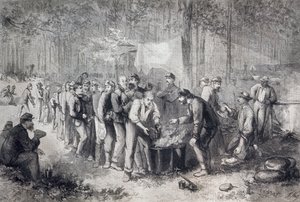 Distribuce dávek severoamerické vojenské jednotce, Spojené státy americké, americká občanská válka, rytina od Unknown artist
