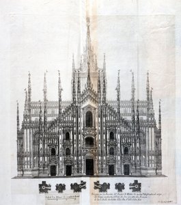 Nákres fasády milánského dómu ukazující její jednotnost s tělem budovy. Mnoho architektonických projektů bylo navrženo kolem 17. století k dokončení fasády, která zůstala nedokončená. od Unknown artist