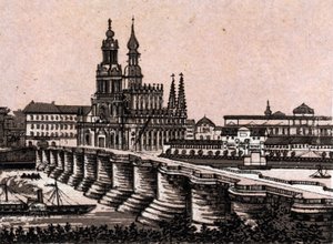 Drážďany, Německo: pohled na Augustův most v Drážďanech. v „“ Svět ilustruje 168 pohledů““ Nedatováno (konec 19. století) od Unknown artist
