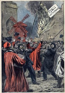 Dreyfusův případ – Paříž – 1898: manifestace antisemitů na Montmartru. Podobizna Martina Dreyfuse, Alfredova bratra, je na náměstí brulée a na krku mu visí nápis: „Dreyfus má šibenici. Ať žije Francie!" Ilustrace v „“Le Pelerin““ od J od Unknown artist
