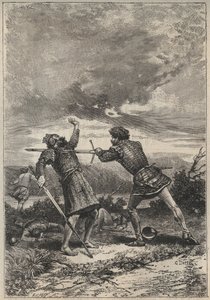 Duel and death of Oak Torquil - ilustrace z 19. století k historickému románu „The Pretty Girl of Perth or Valentine