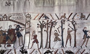 Vévoda Guillaume nařídil stavbu lodí, stromy byly pokáceny - tapisérie z Bayeux, známá jako výšivka královny Mathildy od Unknown artist