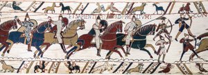Vévoda William povzbuzuje své jednotky, aby se připravily na bitvu proti anglické armádě, Bayeux Tapestry (vlněná výšivka na plátně) od Unknown artist