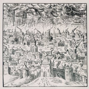 Zemětřesení v Badenu - v „“ Sbírka 39 figurek představujících katastrofy ve Francii v letech 1562 až 1586“; Tisk Louis Perrin od Unknown artist