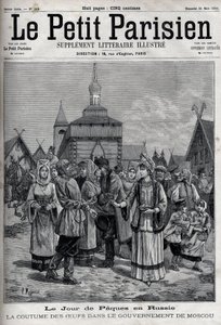 Velikonoce v Rusku: zvyk vajec v moskevské vládě. Šle obyvatel nabízí červená vejce na oslavu zmrtvýchvstání Krista. Gravírování v „“Le Parisien““ od Unknown artist