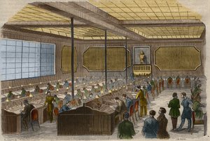 Elektrická telegrafie: pohled na centrální stanici telegrafických linek na francouzském ministerstvu vnitra v Paříži. Rytina z roku 1856 v „“Le Musee Des Sciences““ od Unknown artist