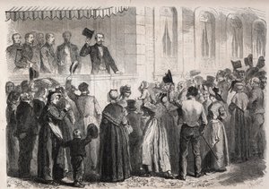 Císař Napoleon III. (1808-1873) na terase vily Strauss a Vichy, přivítán obyvateli venkova v neděli 7. července 1861 - Rytina v „“The Illustrous World““ od Unknown artist