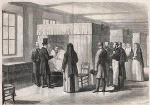 Císař Napoleon III (1808-1873) navštěvuje pokoje hotelu Dieu (Hotel-Dieu) pro pacienty s cholerou a hovoří s nimi - Rytina v „“The Illustrous World““ od Unknown artist