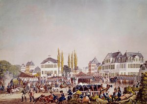 Císař Napoleon I. (1769-1821) hodnotí vojska ve Frankfurtu. Rytina z roku 1813. Frankfurt, Historické muzeum od Unknown artist