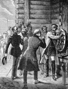 Císař Mikuláš I. provedl první test telegrafního vedení z Petrohradu do Varšavy v roce 1838. Rytina 19. stol. od Unknown artist
