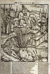 Eneide de Virgil (70 př. n. l. – 19 př. n. l.), kniha XII, trojští hrdinové Enee je zázračně ošetřen Venuší, poté se rozhodl zaútočit na město Latinus. Král Lazia umírá (vpravo) a je to Enee, kdo se stane králem, který nechá dřet dceru zesnulého Laviniho od Unknown artist