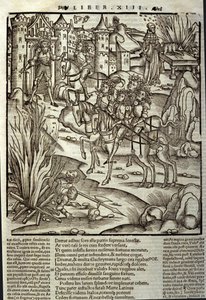 Eneide de Virgil (70 př. n. l. – 19 př. n. l.), kniha XIII (supplementum), trojští hrdinové Enee přijímá Latiny, oběti se přinášejí na počest obětí války. Xylografie od Sebastiana Branta (1458-1521). Štrasburk od Unknown artist