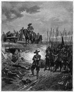 Anglické občanské války: Oliver Cromwell (1599-1658) v bitvě u Marston Moor, 2. července 1644 - Poslanci porazili monarchisty pod vedením prince Ruperta. Rytina 19. století - Oliver Cromwell v bitvě u Marston Moor dne 2. července 1644 během First Engl od Unknown artist