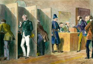 Anglická demokracie: Uvnitř volební místnosti během voleb v Anglii se zastoupením volebních místností. Rytina 19. století. Coll. Ven. od Unknown artist