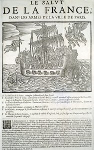 Gravírované dřevo. Politická brožura Mazarinade: „“Spása Francie, v náručí města Paříže““ A – Dobrý génius Francie, pohlcující jeho majestát (Ludvík XIII.) ve své královské flotile, B – princ de Conty, C – vévoda de Bouillon et de la Motte-Hauda od Unknown artist