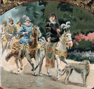 Vstup Karla IX. (1550-1574) a Kateřiny Medicejské (Caterina de Medici) (1519-1589) do hradu Chenonceaux. Chromolitografie konce 19. století od Unknown artist