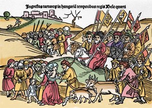 Vstup Tatarů do Uher za vlády Bély IV. (1235-1270) Maďarska. Rytina z „Chronica Hungariae““. Biblioteca Marciana, Benátky. od Unknown artist
