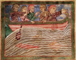 Epizoda života svaté Radegondy (Radegundis) z Poitiers (519-587), manželky Clotaire I., krále franků: Radegonde reprezentovaná na lodi zachraňující Florio (?) vody. Miniatura z rukopisu z 11. století. Městská knihovna v Poitiers. od Unknown artist