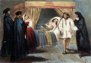 Epizoda zkoušky mužnosti Vincenta I. Gonzaguea (1562 - 1612), vévody z Mantovy, za jeho sňatek s dcerou Françoise de Medici Eléonore v roce 1584. Byl podezřelý, že nemá žádné dědice. Litografie 19. století. od Unknown artist